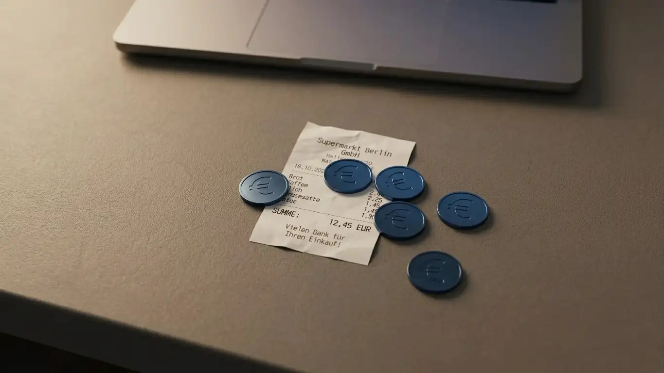 Ruhige Schreibtischszene mit geschlossenem Laptop, einem Kassenbon und Euro-Symbol-Markierungen als dezente Entscheidungshilfe