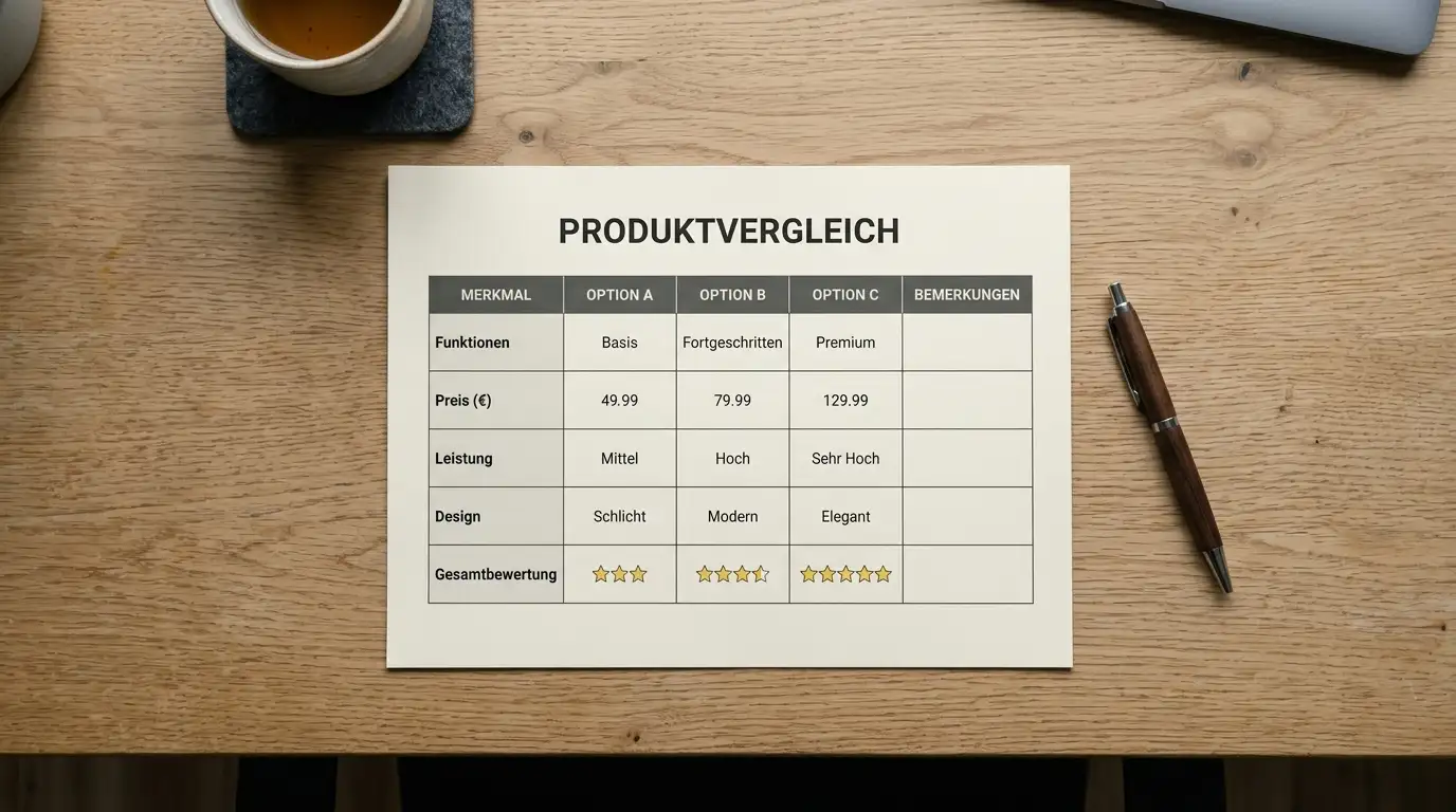 Druckansicht einer Vergleichstabelle mit Kugelschreiber und Smartphone auf hellem Schreibtisch