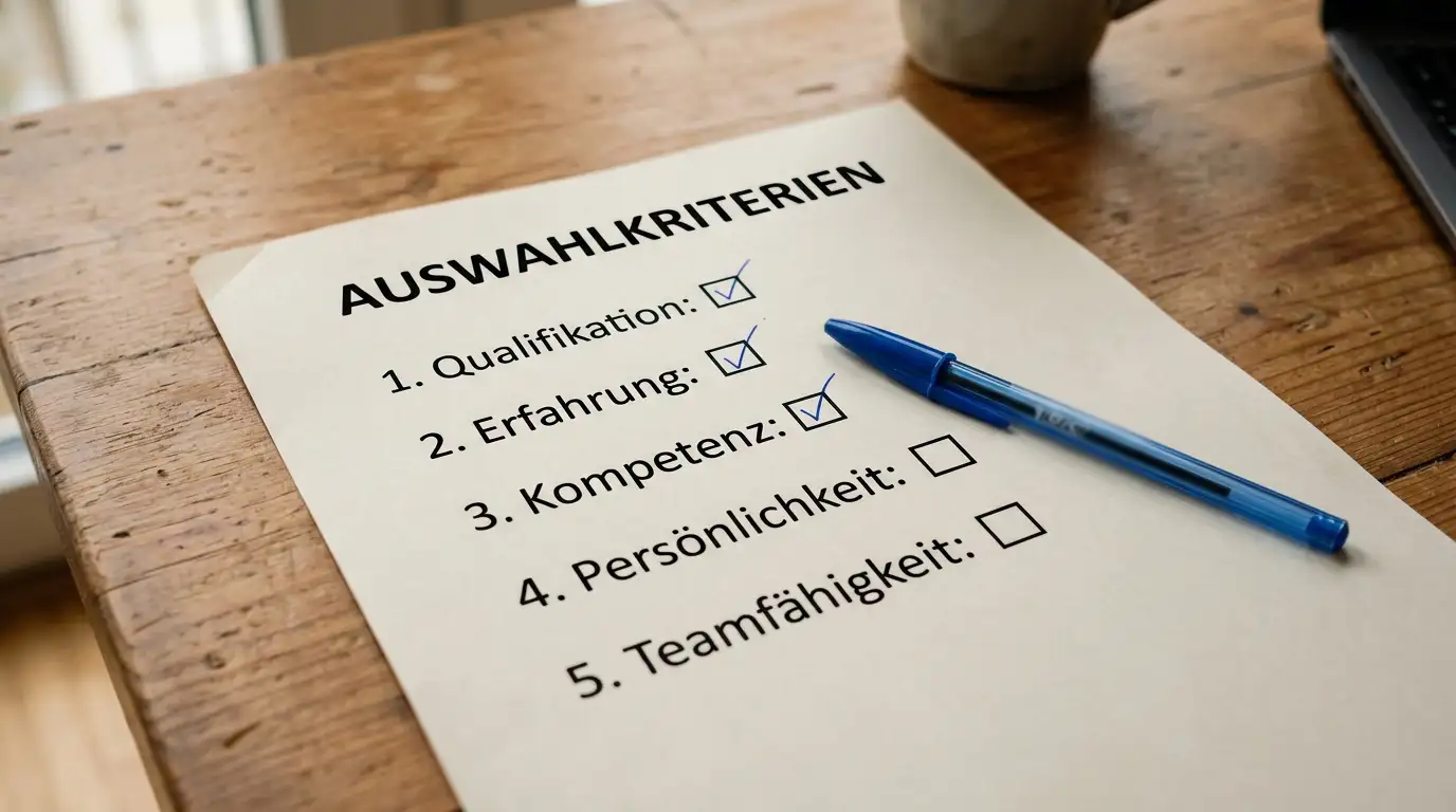 Checkliste mit Auswahlkriterien auf einem Schreibtisch mit Stift