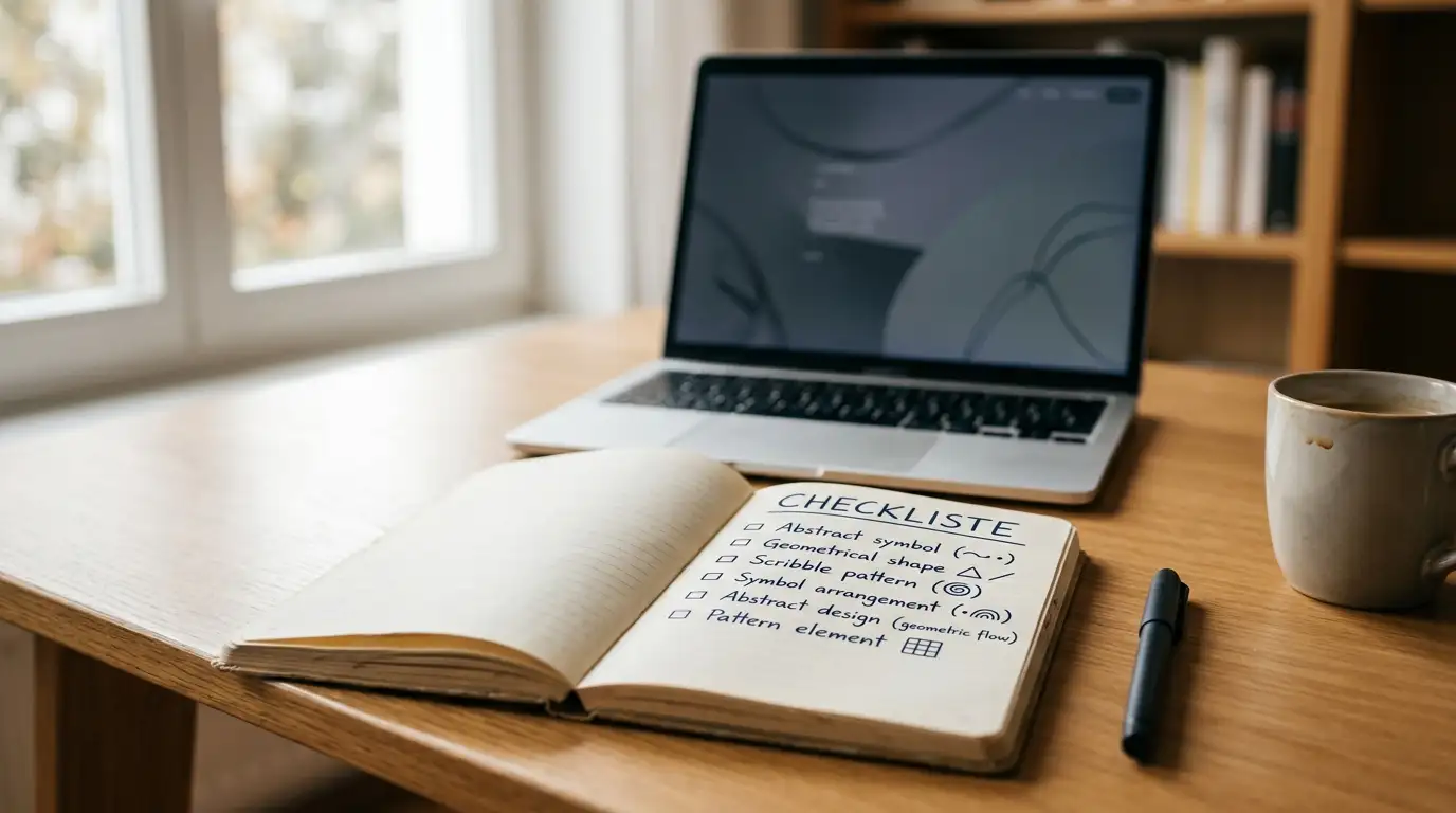 Notizbuch mit handgeschriebener Checkliste vor Laptop auf dem Schreibtisch