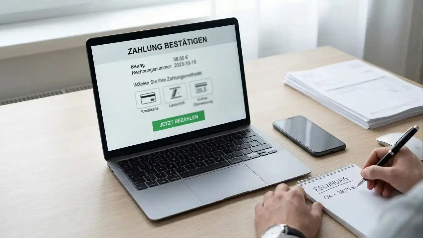 Schreibtisch mit Laptop und Notizblock zur Auszahlung im Echtgeld-Casino