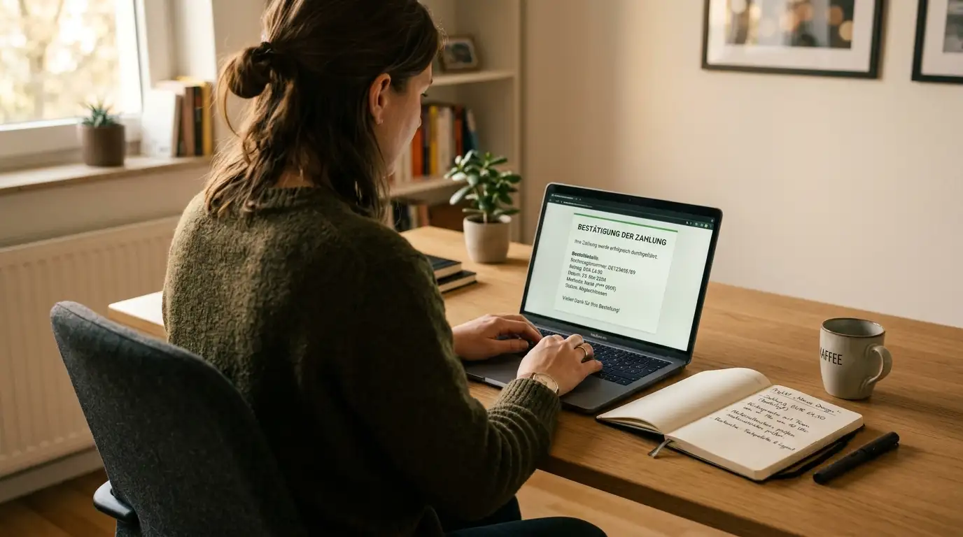 Person am Laptop mit einer neutralen Auszahlungsbestätigung auf dem Bildschirm