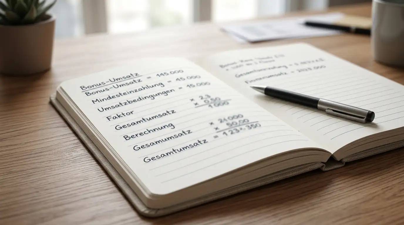 Notizblock mit Stift zeigt Bonusberechnung und Umsatzbedingungen