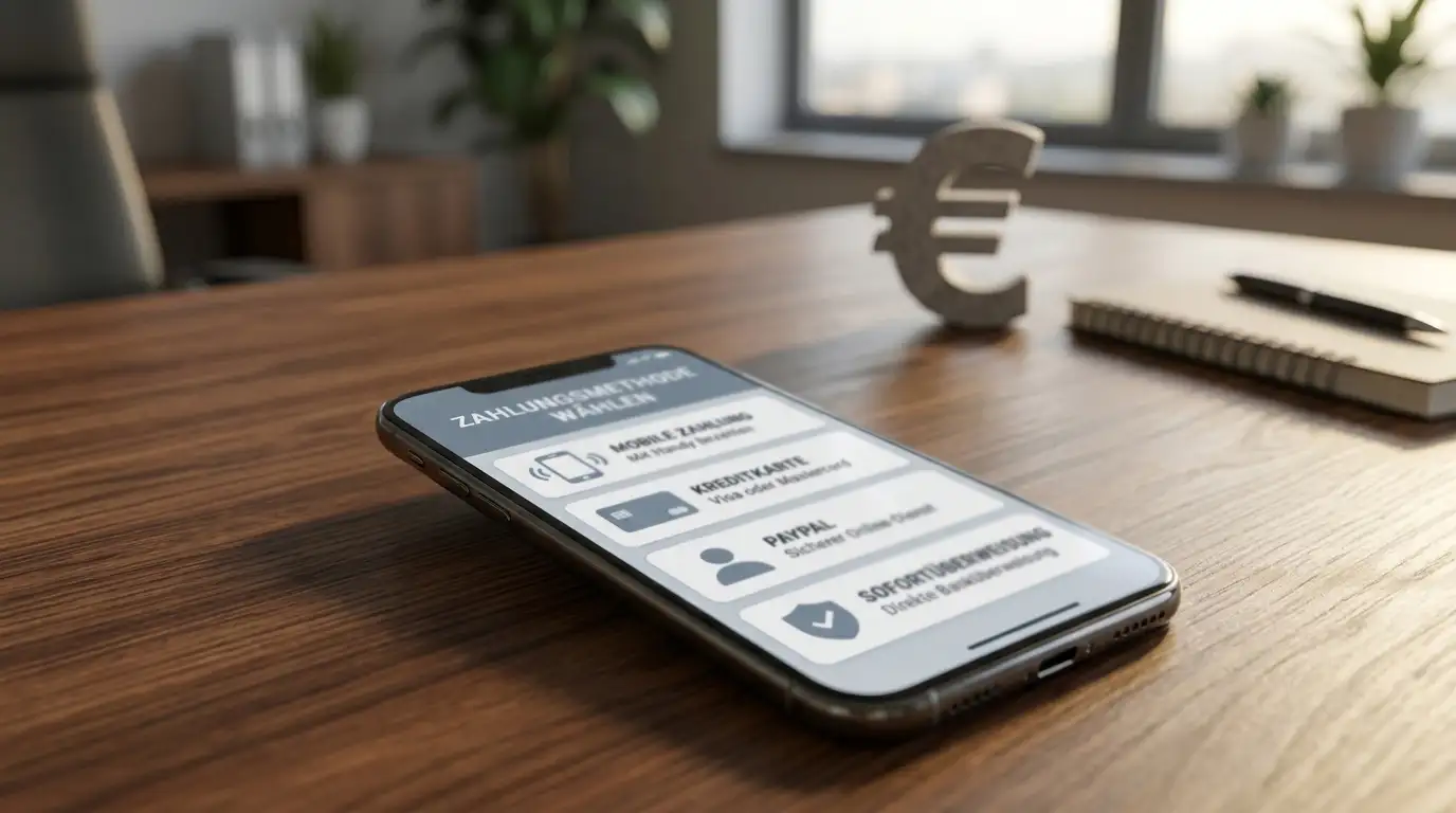 Smartphone auf einem Tisch mit Zahlungsoptionen-Bildschirm und abstraktem Euro-Symbol im Hintergrund