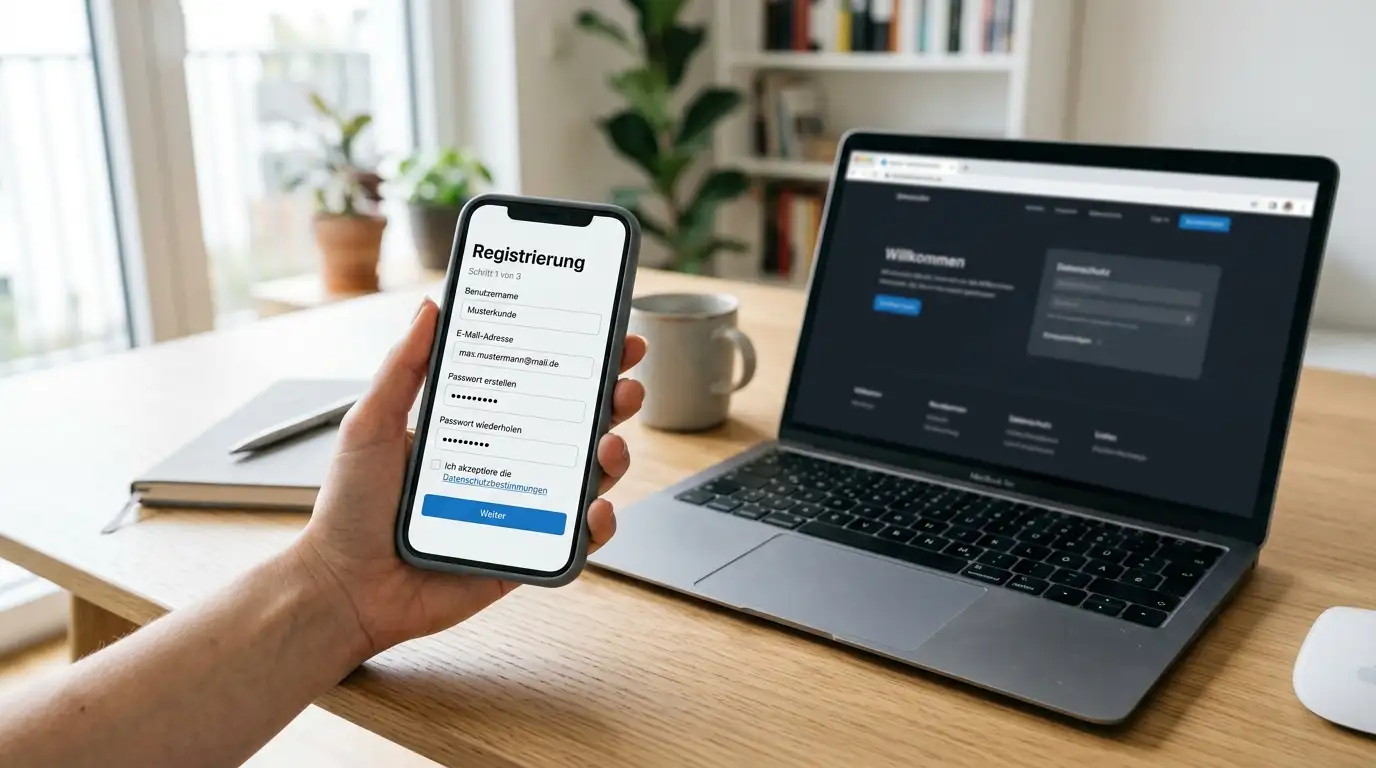 Registrierung eines Casino-Kontos auf Smartphone und Laptop