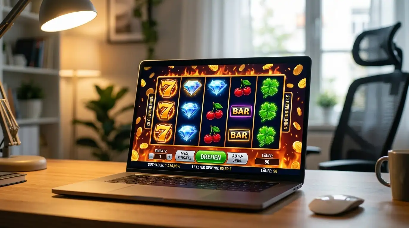 Laptop zeigt Slot-Spiel bei internationalen Online Casinos ohne Einsatzlimit