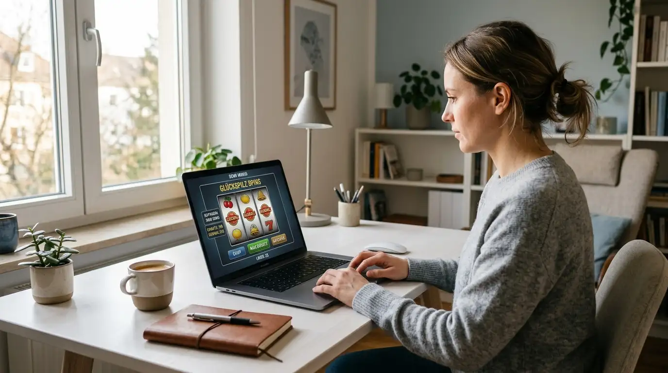 Person am Laptop testet kostenlose Casino-Demos im Browser ohne Registrierung
