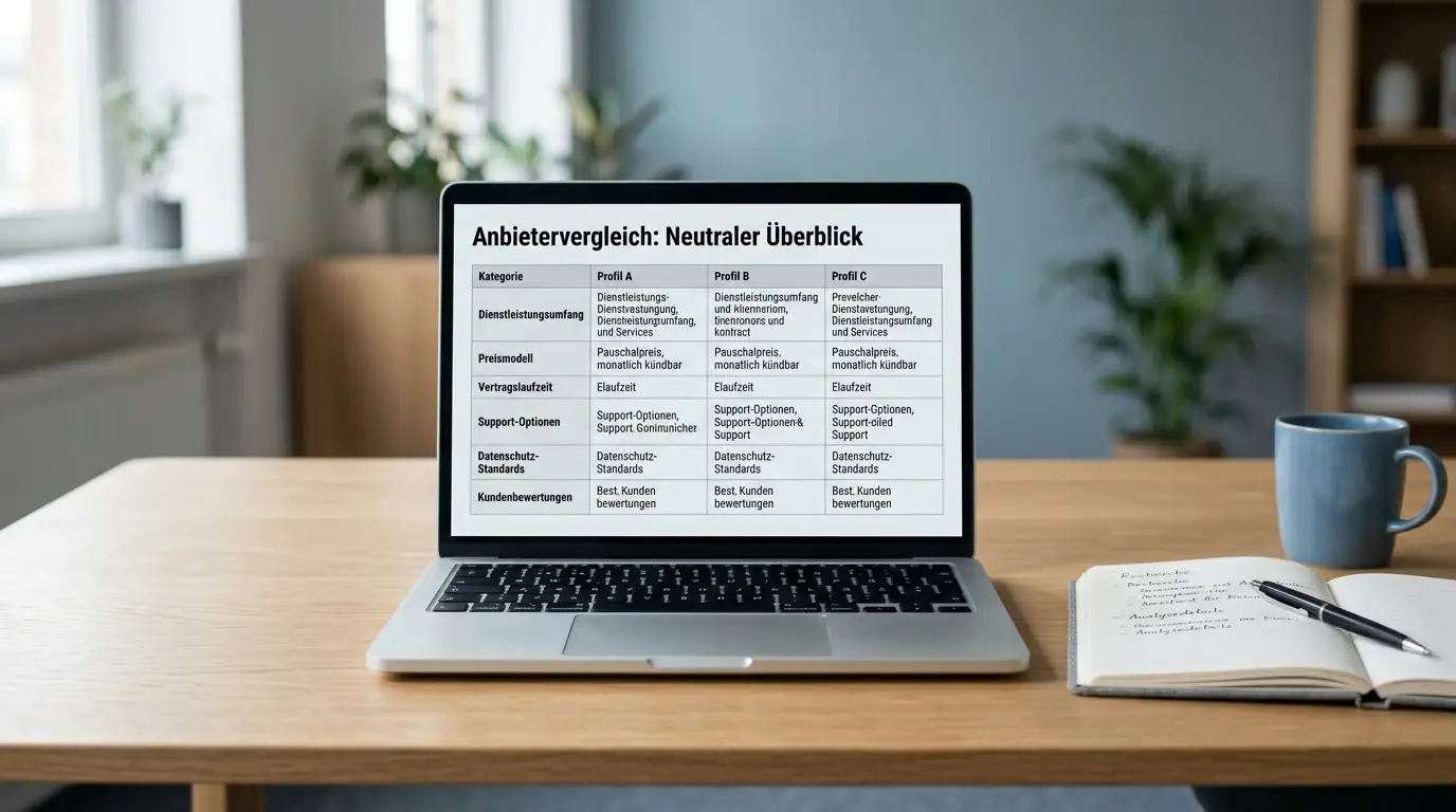 Mehrere Anbieterprofile im Vergleich auf einem Laptop-Bildschirm ohne Markenlogos