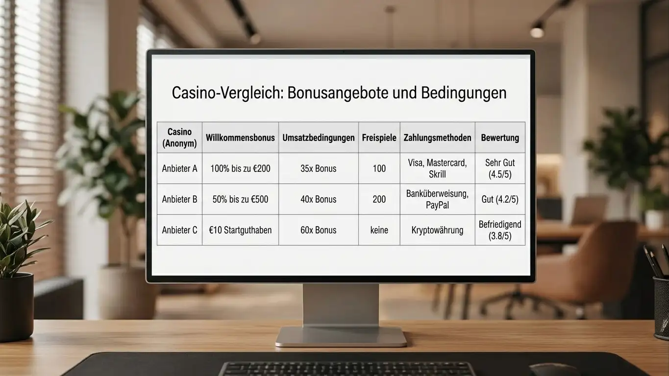 Vergleichstabelle mit internationalen Casino-Anbietern auf einem Monitor