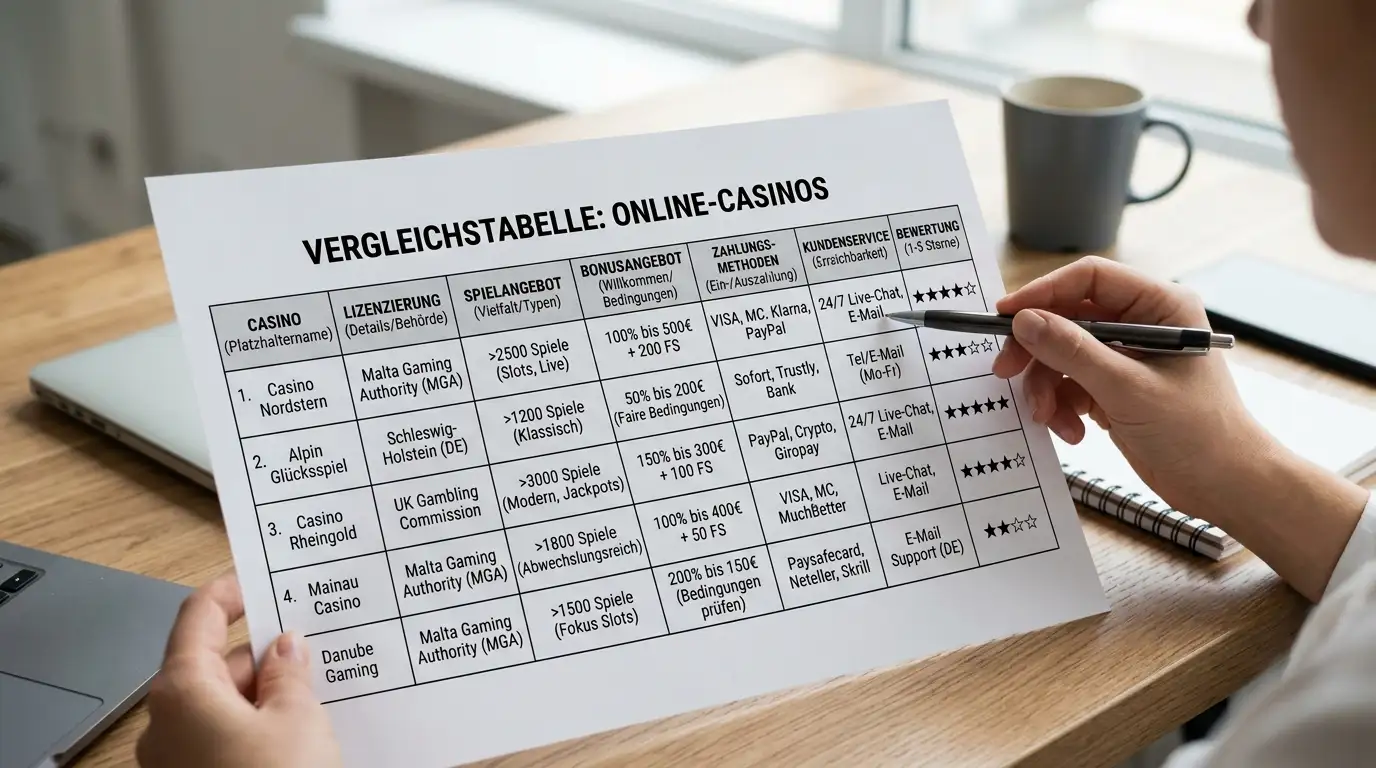 Vergleichstabelle mit fünf Casino-Logos, Lizenzsiegel, neutrale Gestaltung ohne echte Marken