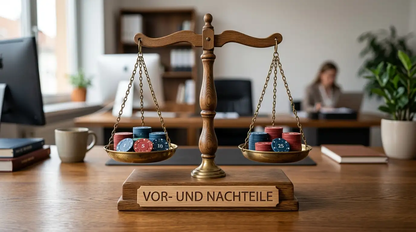 Waage im Gleichgewicht mit Casino-Chips auf beiden Seiten