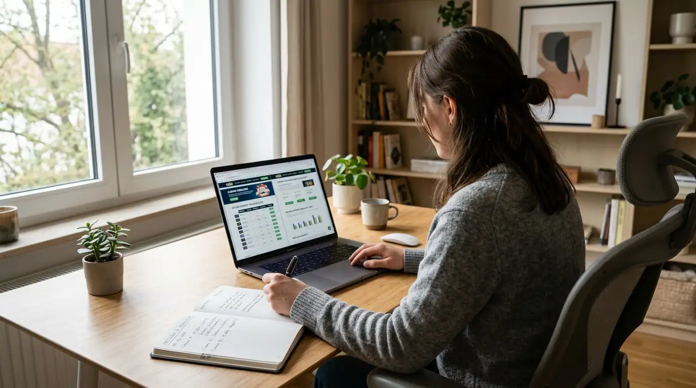 Person am Laptop vergleicht Casino-Optionen und trifft informierte Entscheidung