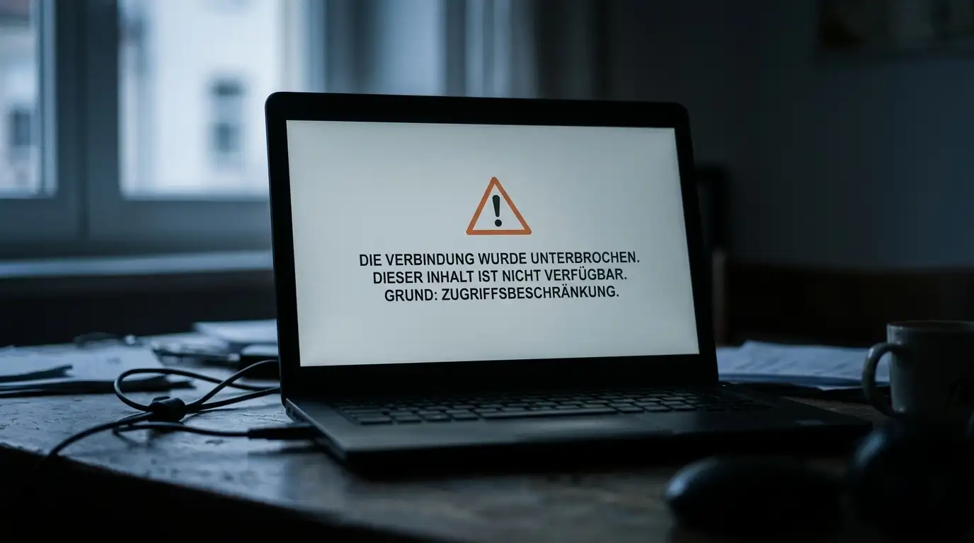 Laptop mit blockierter Webseite eines nicht lizenzierten Casinos hinter einer Netzsperre