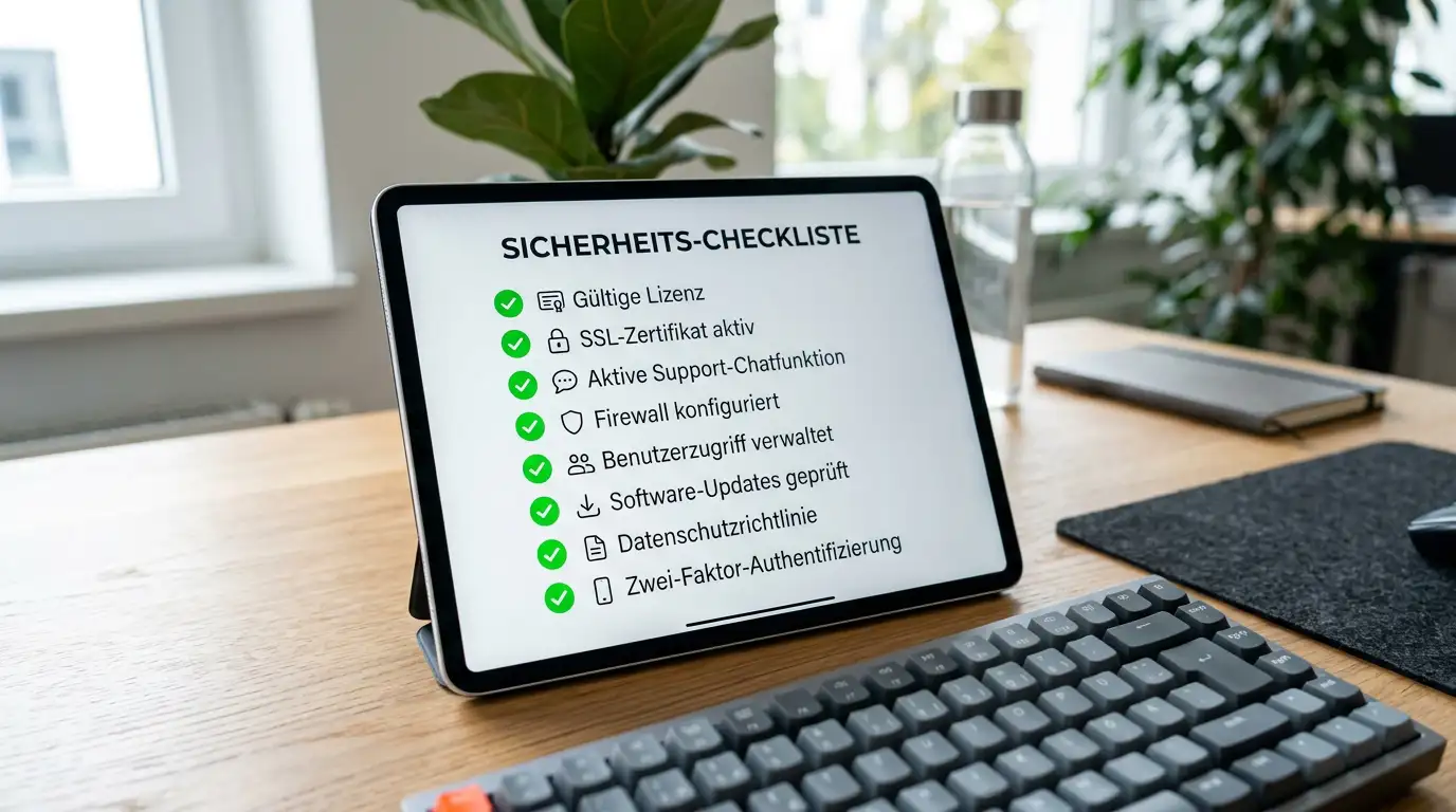 Checkliste auf Tablet mit Häkchen neben Lizenz, SSL, Support