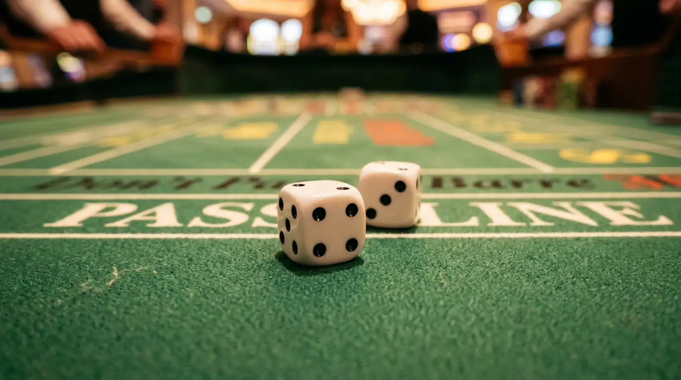 Nahaufnahme von Craps-Würfeln mit Spieltisch-Markierungen im Hintergrund