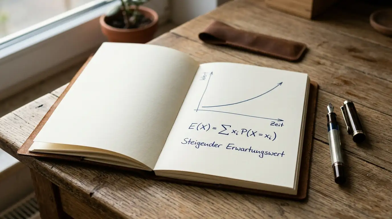 Notizbuch mit Stift und einer sauber gezeichneten Multiplikator-Kurve auf dem Tisch