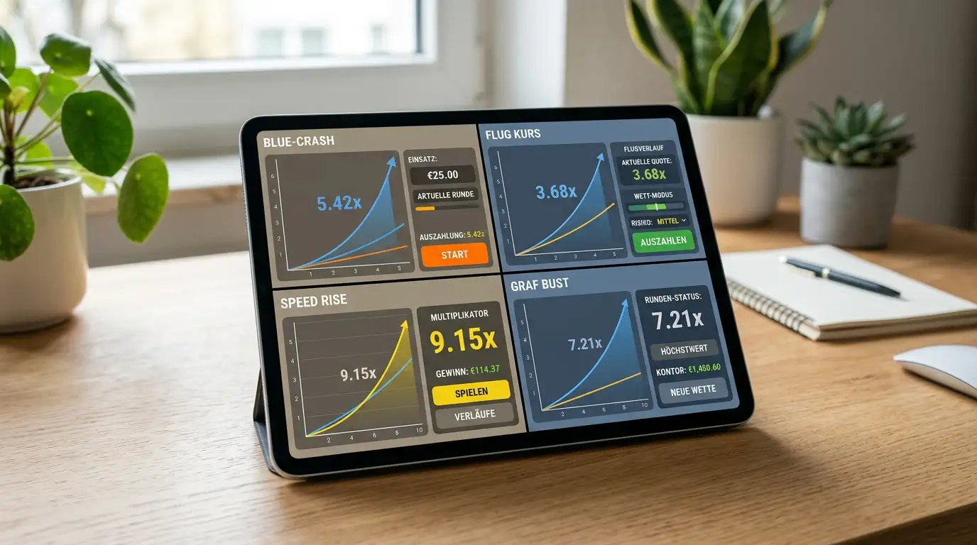 Vergleichsansicht verschiedener Crash-Game-Interfaces auf Tablet-Bildschirm