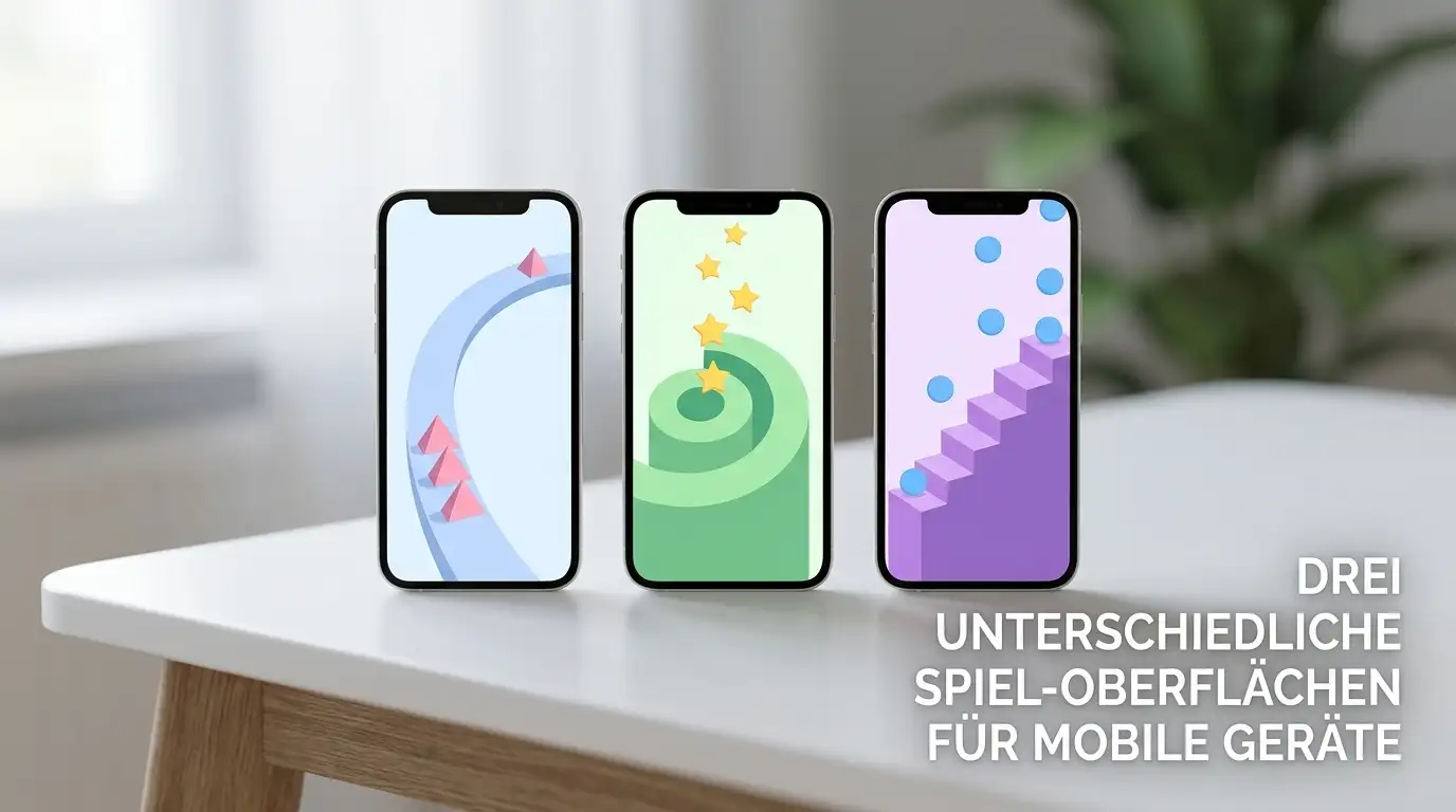 Drei verschiedene Mobilgeräte nebeneinander mit bunten Crash-Spiel-Oberflächen