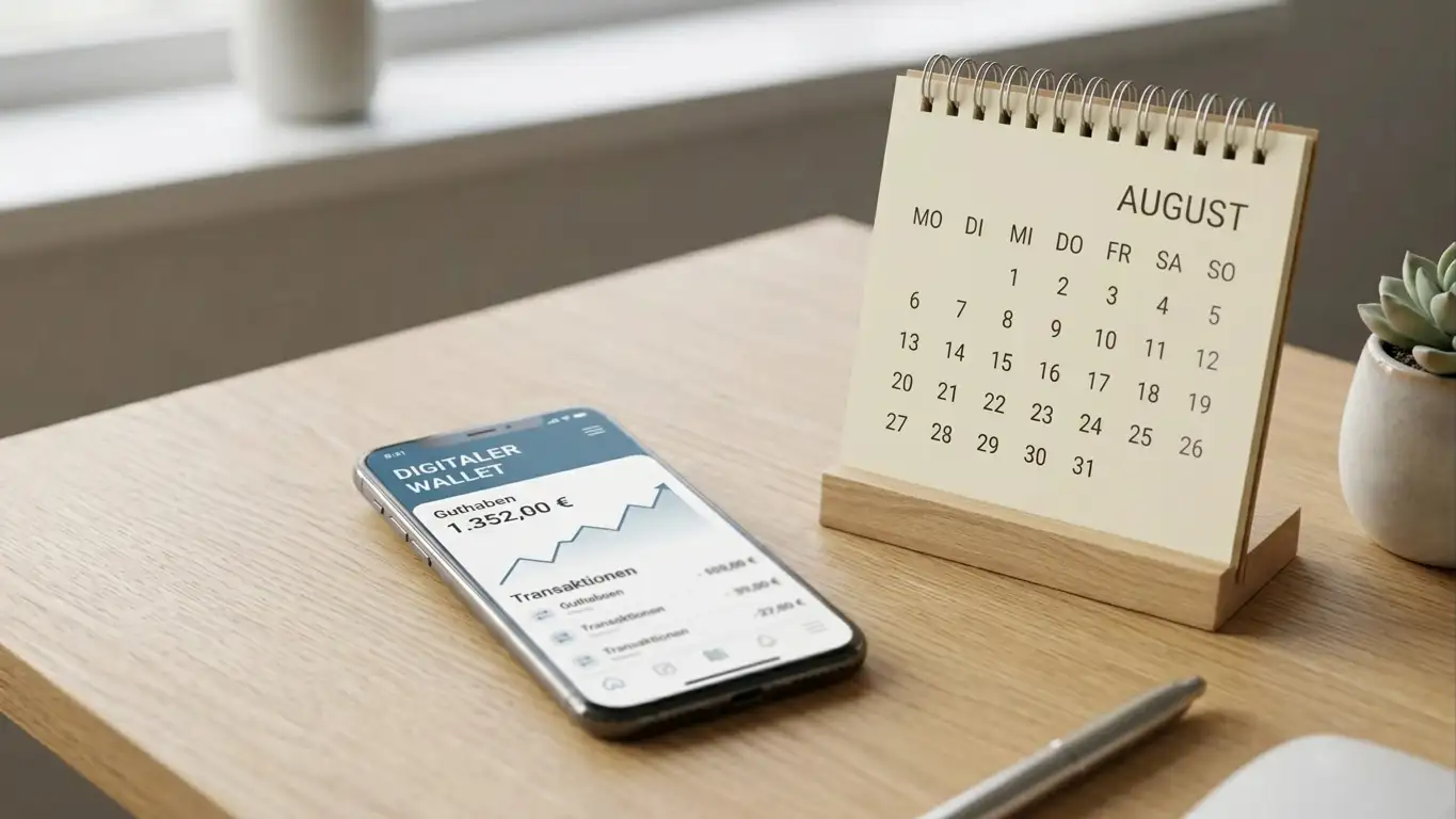 Smartphone zeigt Krypto-Wallet-Interface neben Kalender auf Schreibtisch
