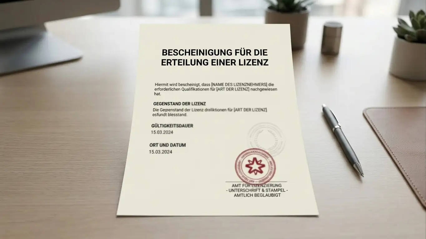 Gestempeltes Lizenz-Dokument auf Schreibtisch mit neutralem Siegel