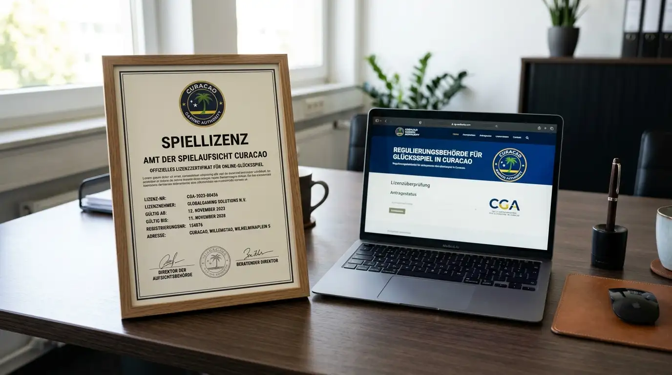 Offizielles Curacao-Lizenzdokument auf einem Schreibtisch neben Laptop