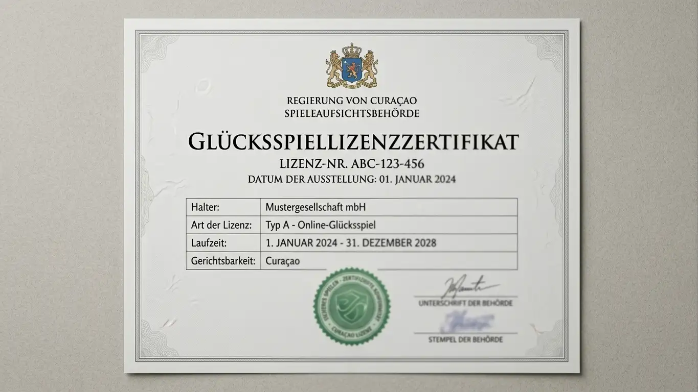 Curaçao-Lizenzdokument mit Wappen und offiziellem Siegel auf neutralem Hintergrund