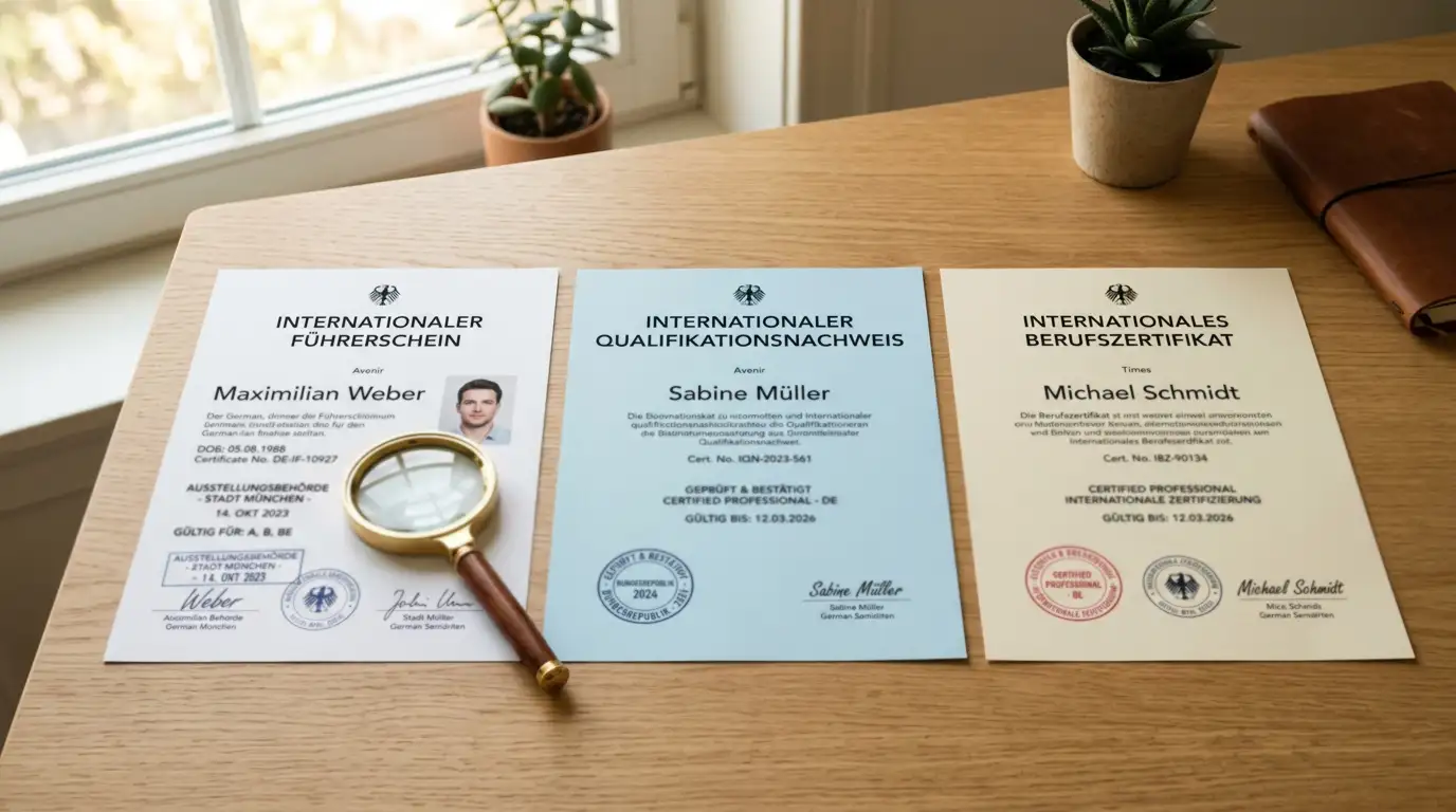 Drei internationale Lizenzzertifikate nebeneinander auf Schreibtisch mit Lupe