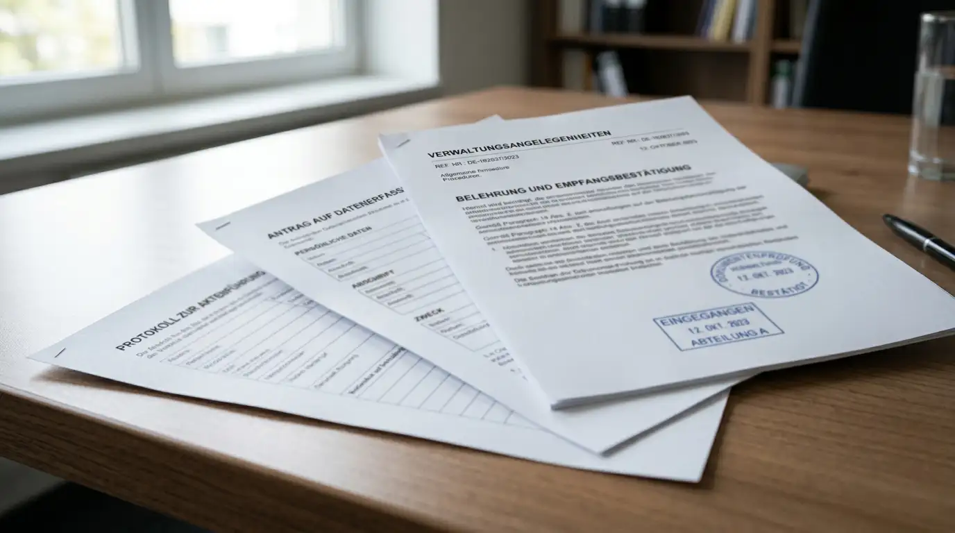 Drei gestapelte Dokumente mit offiziellen Stempeln auf Schreibtisch