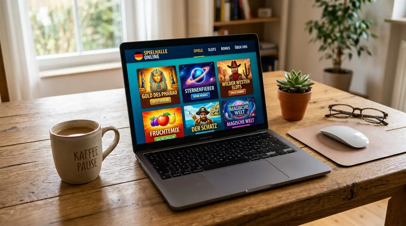 Schreibtisch mit Laptop und geöffnetem Demo-Portal ohne Anmeldeformular