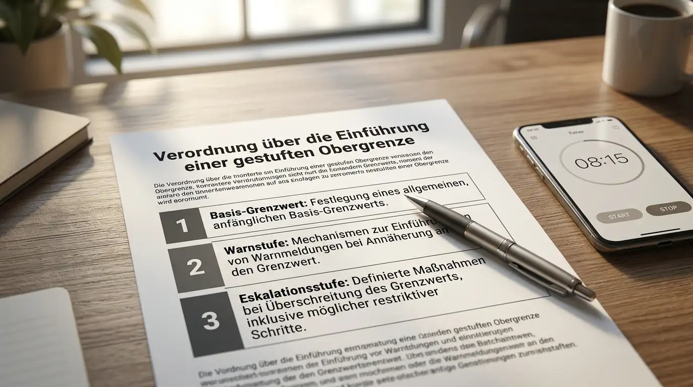Gestaffeltes deutsches Regulierungsdokument mit drei nummerierten Stufen und Smartphone mit Timer