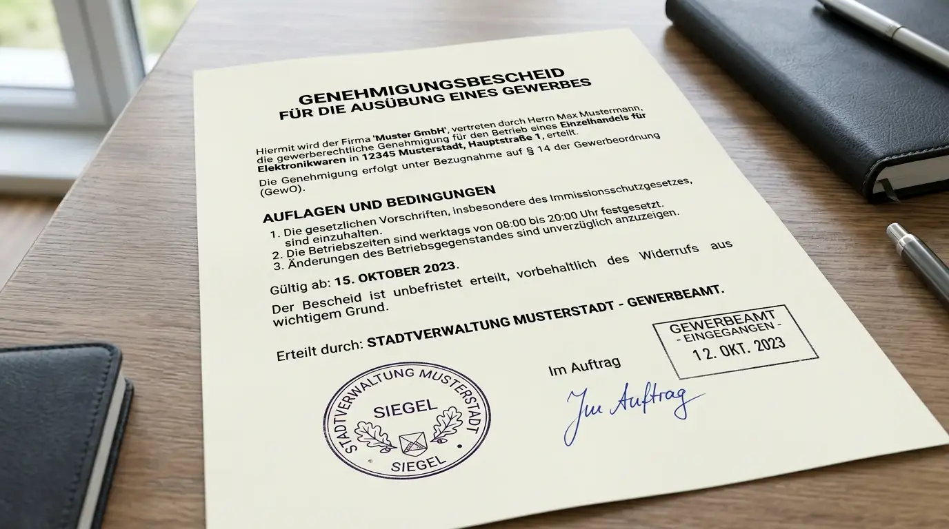Offizielles Lizenzdokument mit deutschen Behördenstempeln auf Schreibtisch