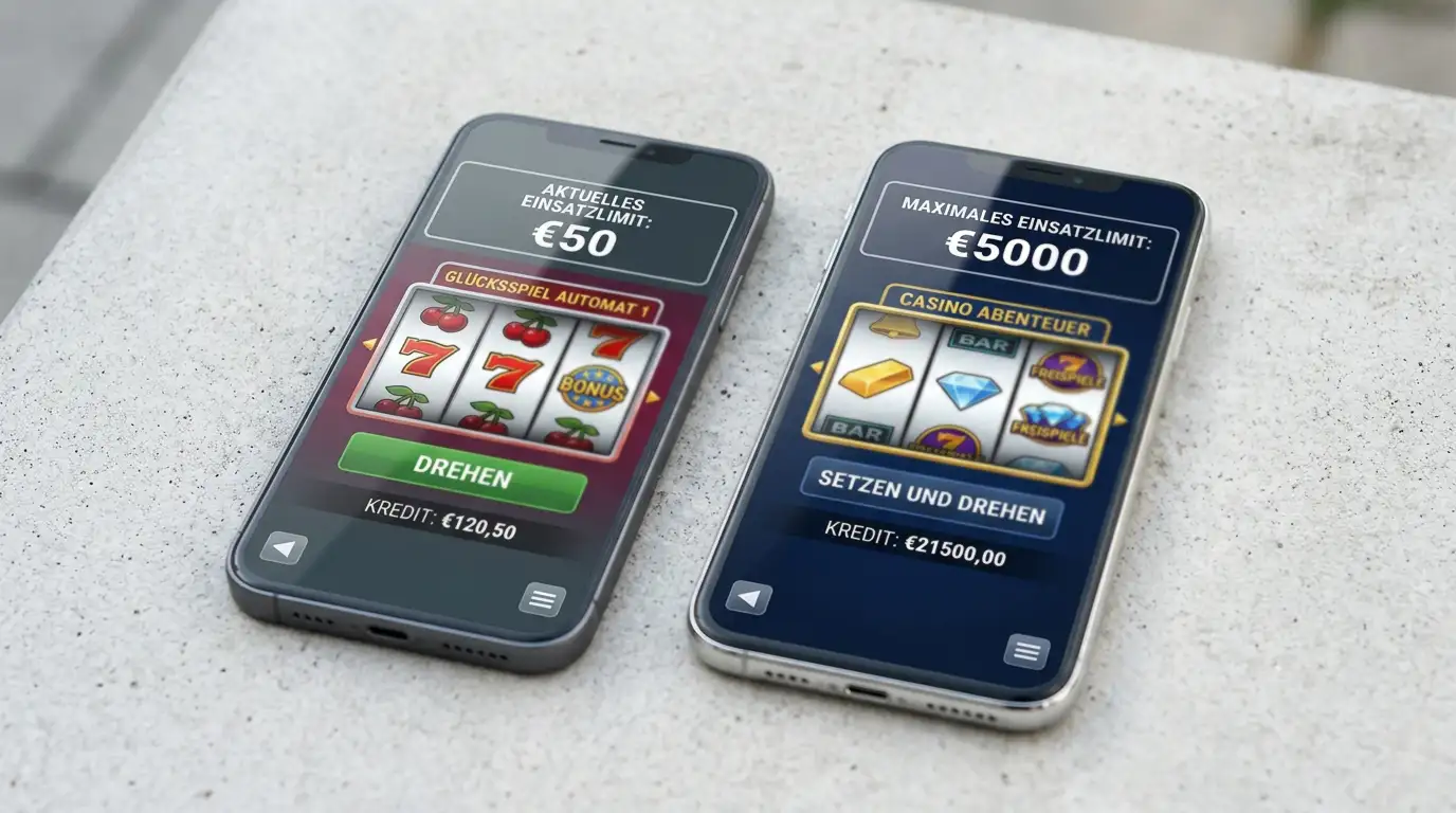 Zwei Smartphones nebeneinander zeigen Slot-Interface mit deutschen Limits vs. internationale Version