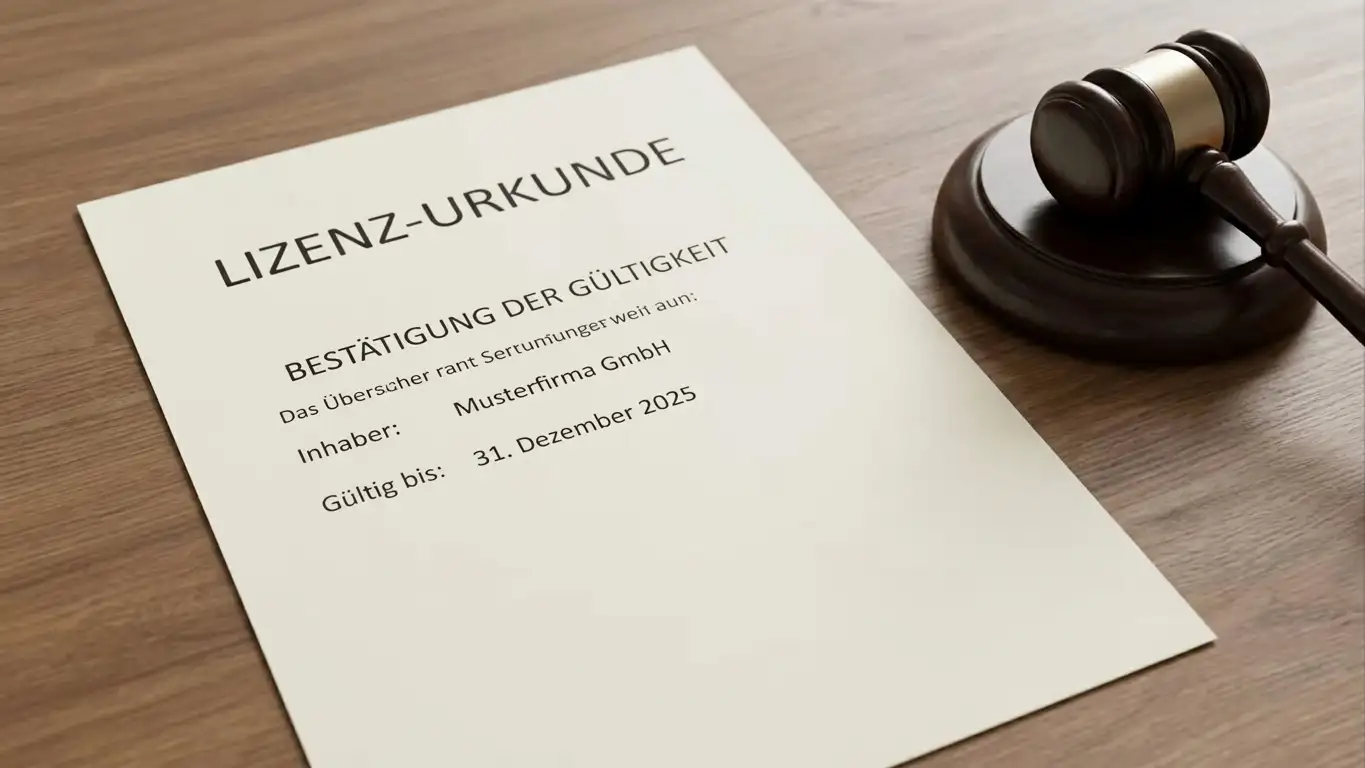 Amtliches Lizenzdokument mit Siegel und Richterhammer als Zeichen der Regulierung