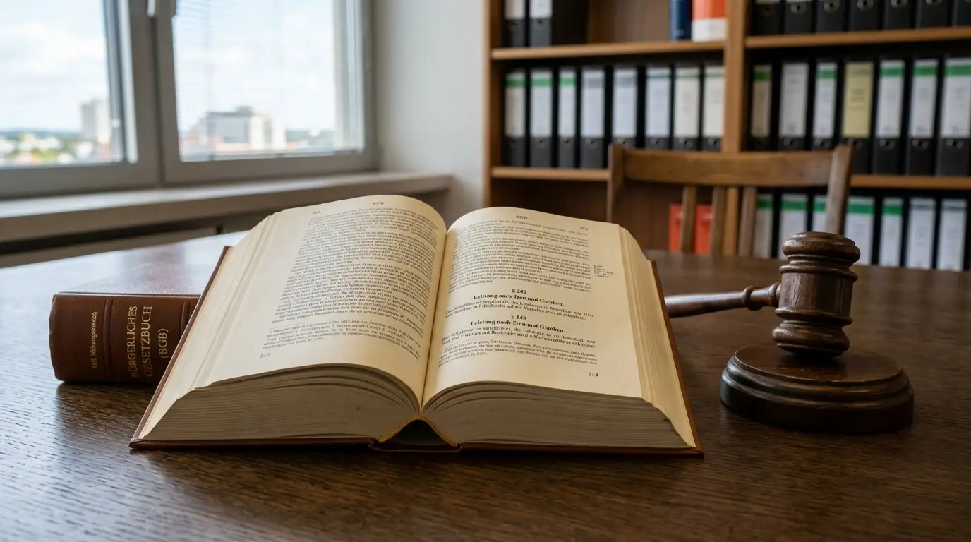 Deutsches Gesetzbuch mit Paragraphenzeichen und Gerichtshammer