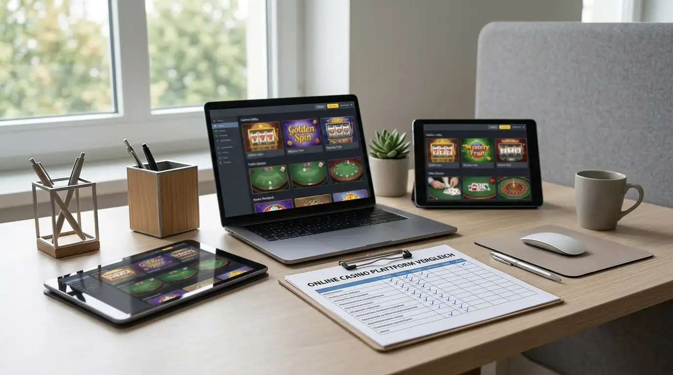Mehrere Tablets und ein Laptop mit unterschiedlichen generischen Casino-Lobby-Oberflächen auf einem Schreibtisch