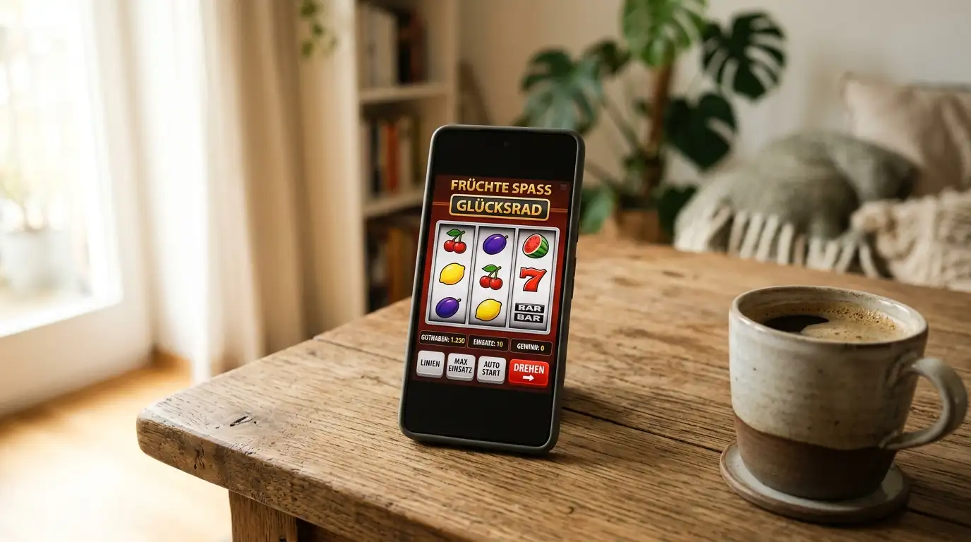 Smartphone mit klassischem Slot-Interface auf Holztisch neben Kaffeetasse