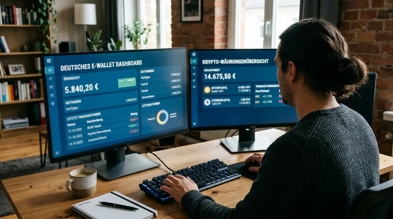 Person an Laptop mit E-Wallet-Interface und Krypto-Wallet-Anzeige auf zweitem Bildschirm