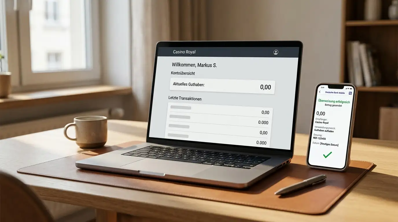 Banküberweisung-Bestätigung auf Smartphone neben Laptop mit Casino-Konto