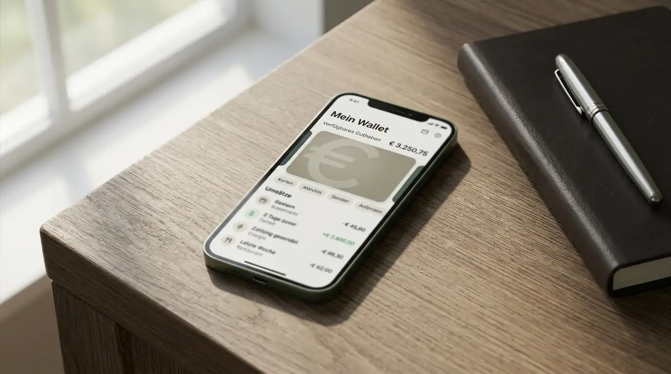 Smartphone mit neutralem Wallet-Interface und abstraktem €-Symbol, daneben ein Notizbuch auf dem Tisch