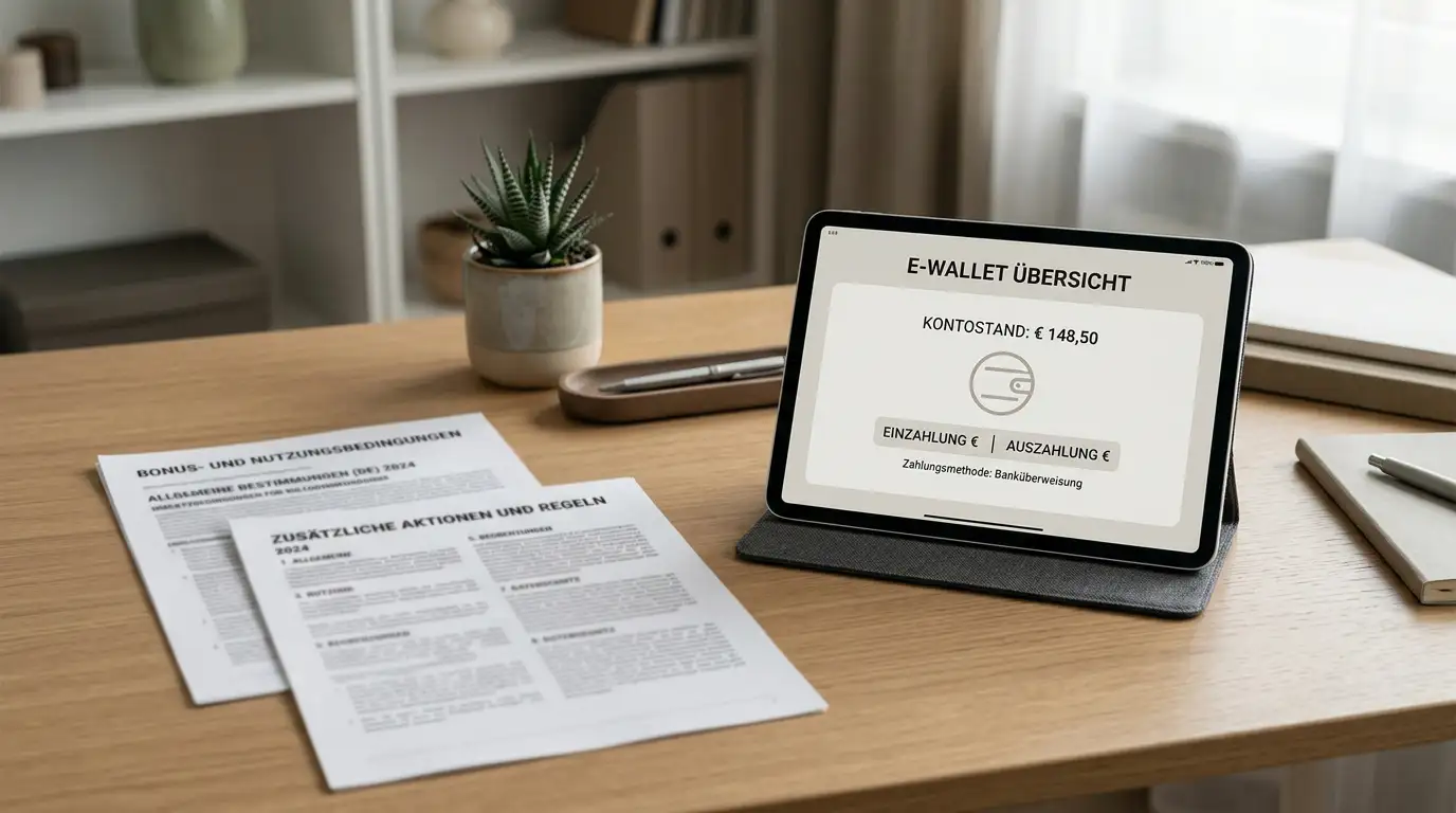 Aufgeräumter Schreibtisch mit gedruckten Bonusbedingungen und einem neutralen E-Wallet-Symbol