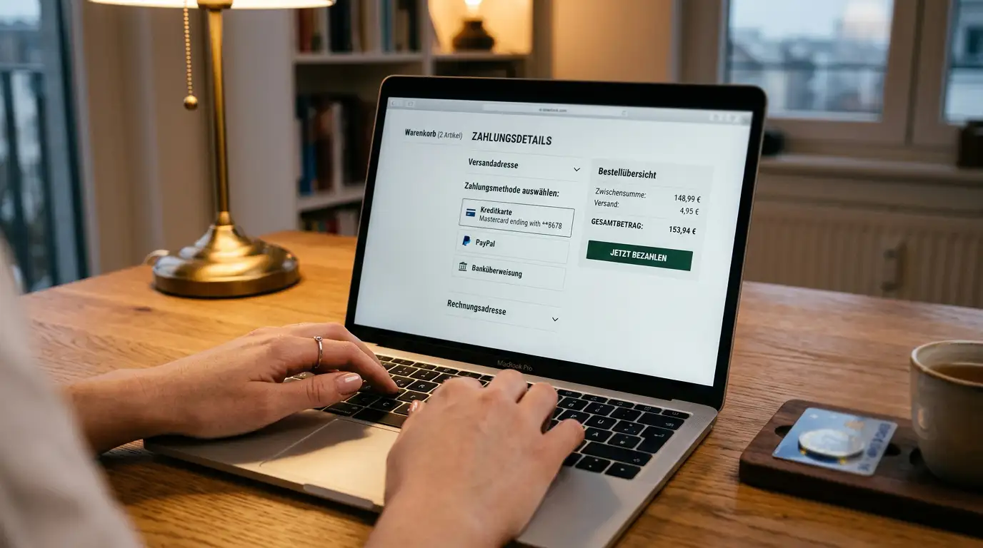Hände an einer Tastatur vor einem Laptop mit neutralem Zahlungsbildschirm und €-Chip auf dem Tisch