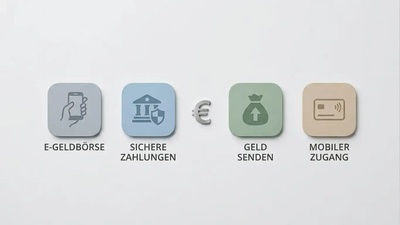 Vier neutrale E-Wallet-Symbole nebeneinander auf einem hellen Hintergrund mit €-Zeichen