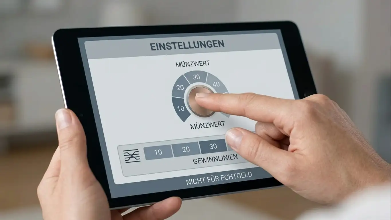 Einstellmenü eines Spielautomaten mit Münzwert und aktiven Gewinnlinien