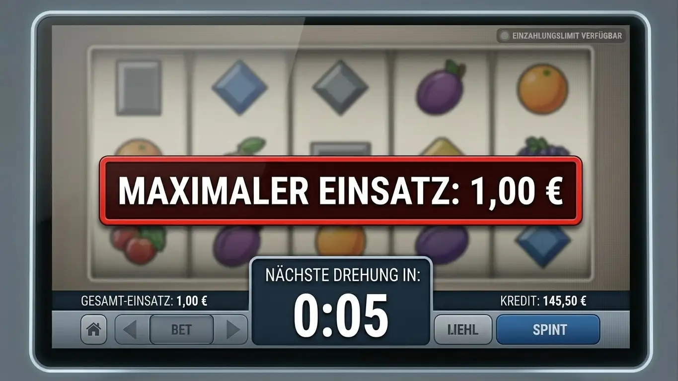 Anzeige mit €1 Einsatzlimit und 5-Sekunden-Timer auf einem Slot-Bildschirm