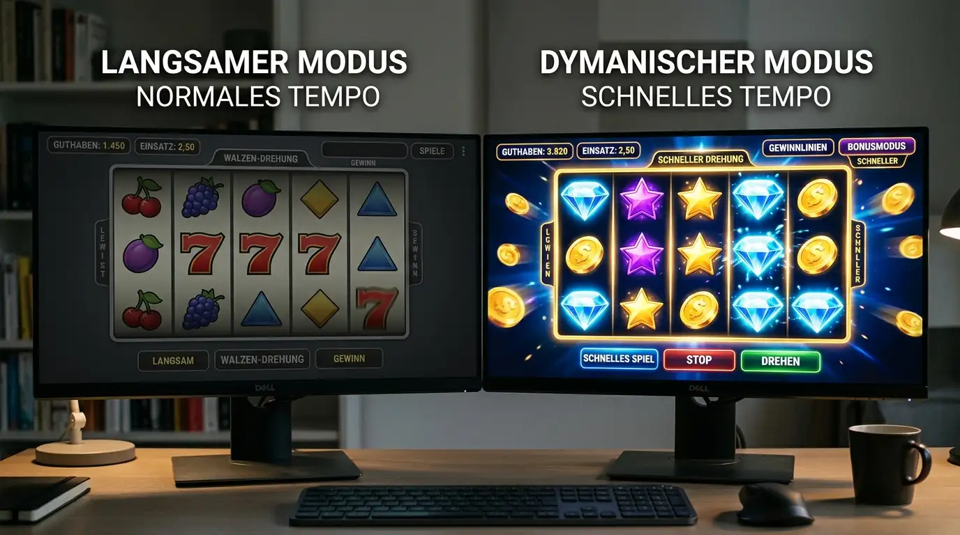 Vergleich zweier Bildschirme mit unterschiedlichen Spielautomaten-Oberflächen und Tempo-Anzeigen