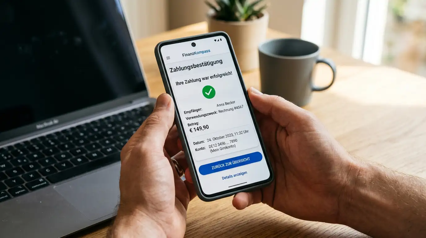 Smartphone mit Online-Banking-App und Zahlungsbestätigung auf Bildschirm