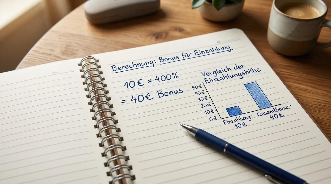 Notizseite mit handgeschriebener Rechnung: 10 Euro mal 400 Prozent gleich 40 Euro Bonus, daneben ein einfaches Balkendiagramm
