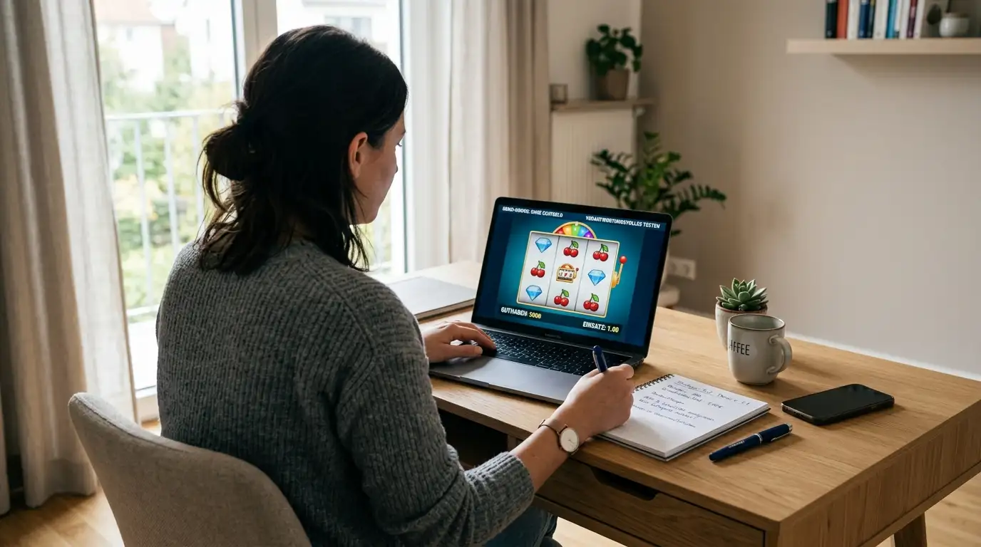 Person am Laptop mit Slot-Demo auf Bildschirm und Notizblock daneben