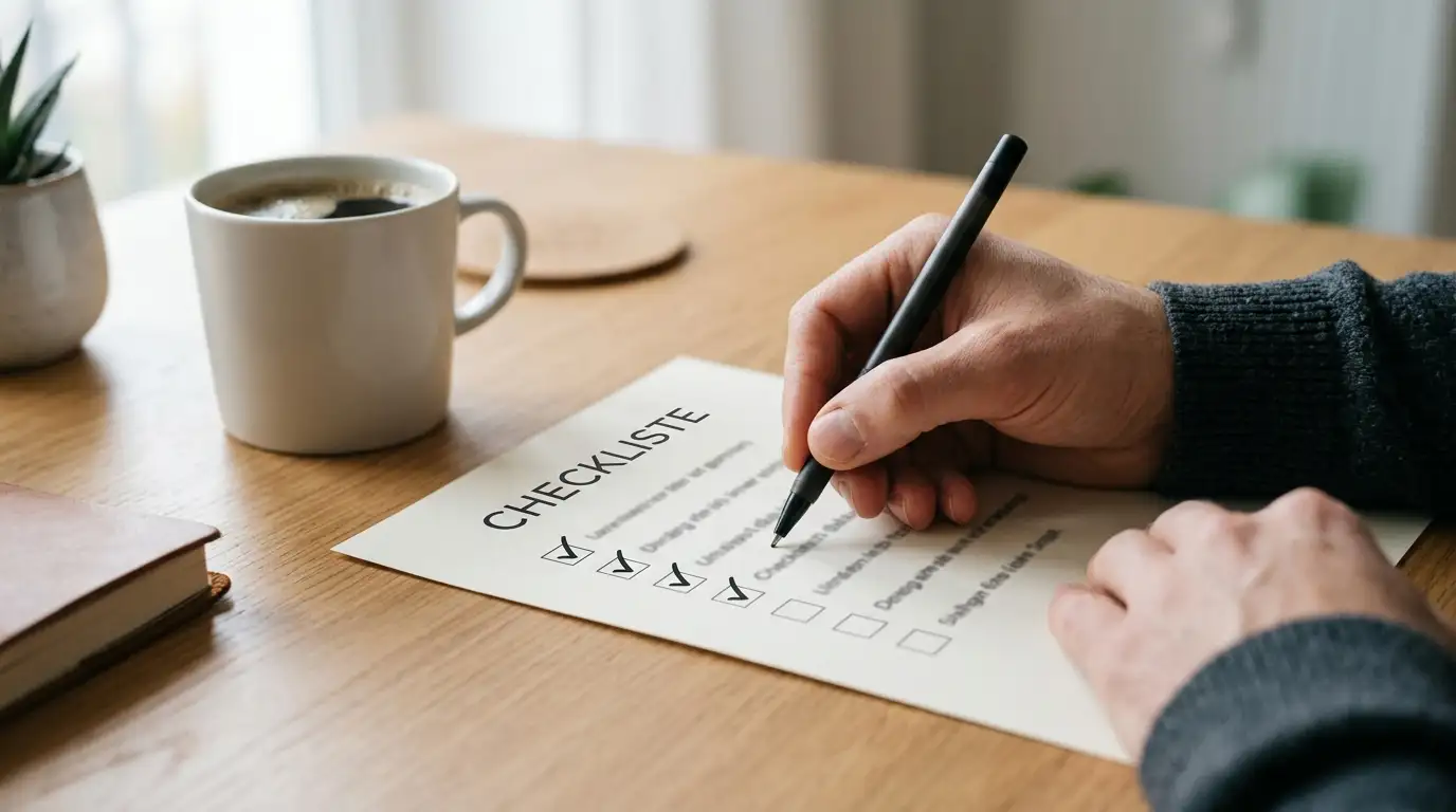 Hand hakt Punkte auf einer schlichten Checkliste mit einem Stift ab