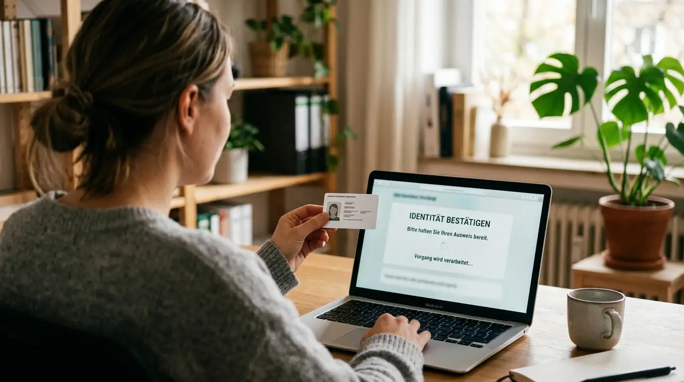 Person am Laptop hält Ausweisdokument zur Verifizierung des Spielerkontos bereit